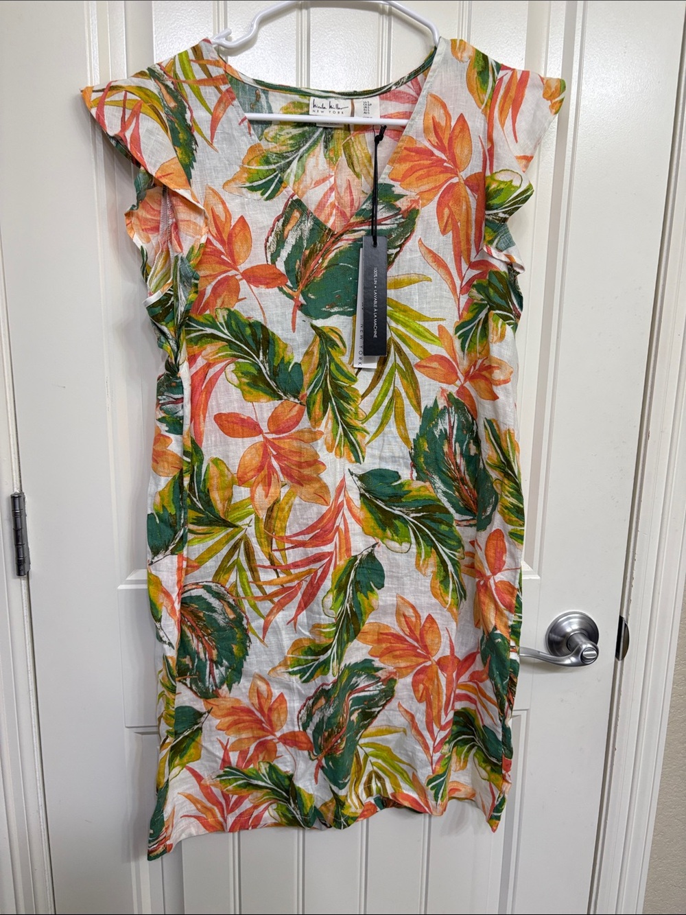 NWT‎ Nicole Miller Linen White Tropical Leaf Print Dress with Green and Orange